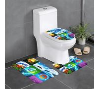3-Piece Bathroom Anti-Slip Mat Set - 24x16in WHJSSF Four Elements Pattern Rectangular, U-Shaped & O-Shaped Rugs for Toilet, Vanity & Bath