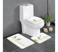 3-Piece Bathroom Anti-Slip Mat Set - 24x16in WHJSSF Little bee Watering The Flowers Pattern Rectangular, U-Shaped & O-Shaped Rugs for Toilet, Vanity & Bath