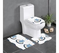 3-Piece Bathroom Anti-Slip Mat Set - 24x16in WHJSSF Little Blue cat on The Pillow Pattern Rectangular, U-Shaped & O-Shaped Rugs for Toilet, Vanity & Bath