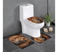 3-Piece Bathroom Anti-Slip Mat Set - 24x16in WHJSSF The Lion's Gaze Pattern Rectangular, U-Shaped & O-Shaped Rugs for Toilet, Vanity & Bath