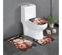 3-Piece Bathroom Anti-Slip Mat Set - 24x16in YYHWHJDE Bright White Peonies Prints Rectangular, U-Shaped & O-Shaped Rugs for Toilet, Vanity & Bath