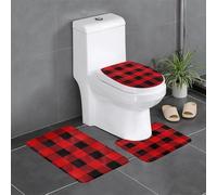 3-Piece Bathroom Anti-Slip Mat Set - 24x16in YYHWHJDE red Black Buffalo Check Plaid Pattern Prints Rectangular, U-Shaped & O-Shaped Rugs for Toilet, Vanity & Bath