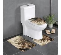 3-Piece Bathroom Anti-Slip Mat Set - 24x16in YYHWHJDE Tsunami Coming Prints Rectangular, U-Shaped & O-Shaped Rugs for Toilet, Vanity & Bath