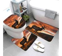 3 Piece Bathroom Rugs Sets Super Absorbent Bathroom Mats Set Non-Slip Bath Rug Washable Contour Mat and Toilet Lid Cover Red Deer Bull Elk Sunset Bath Mats Carpet for Bathroom Shower Rug