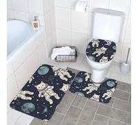 3 Piece Bathroom Rugs Sets Super Absorbent Bathroom Mats Set Non-Slip Bath Rug Washable Contour Mat and Toilet Lid Cover Fun cat Astronaut Bath Mats Carpet for Bathroom Shower Rug