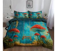 3 Piece Bedding Set - Duvet Cover Double 200 x 200 cm Microfiber, Ultrasoft Duvet Cover Set Non Iron Bedding Sets With Zipper Closure with 2 Pillowcases, Dark Green, Fantasy Mushroom Forest Swing