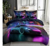 3 Piece Bedding Set - Duvet Cover Single 135 x 200 cm Microfiber, Ultrasoft Duvet Cover Set Non Iron Bedding Sets With Zipper Closure with 2 Pillowcases, Dark Blue, Surreal Neon City Sports Cars