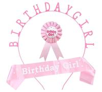 3-Piece Birthday Girl Set With Sash, Badge, Headband - Pink Satin Princess Rhinestone Decoration Accessories for Celebrations
