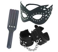 3-Piece Black Faux Leather Bondage Set, Fur-Lined Handcuffs, Studded Cat Masquerade Mask with Elastic Band and Spanking Paddle Whip