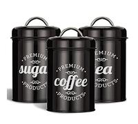 3 Piece Black Food Jars Canisters Sets, Airtight Coffee Container, Tea Organizer, And Sugar Canister, Rustic Farmhouse Decor for Kitchen Countertop