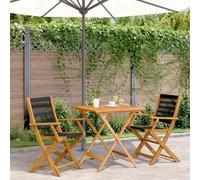 3 Piece Black Polypropylene & Solid Acacia Wood Bistro Set, Foldable Outdoor Patio Furniture for Balcony, Garden, Backyard, 70x70x75 cm Table, 2 Chairs