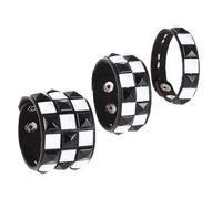 3 Piece Black White Checkered Leather Studded Punk Bracelet, Adjustable Genuine Wristband for Men Women, Gothic Halloween Accessories