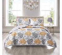3-Piece Bloom Ochre Quilted Bedspread Set Super King 275 x 250 cm - Hotel Quality Soft Microfiber Bed Throw for Bedroom - Luxury Printed Bedding with 2 Pillow Shams