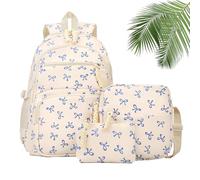 3 Piece Bow Backpack for Girls, Bow Design Backpack Set with Matching Satchel & Mini Purse, Nylon Rucksack Kawaii School Bags Floral Preppy Backpacks for Teen, Primary, Secondary and College (A)