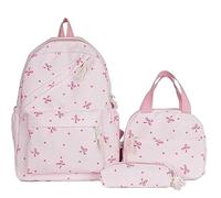 3-Piece Bow Backpack Set for Girls,Set Bow Backpack for Girls, Kawaii Bow Nylon Rucksack, School Bags Floral Preppy Backpackfor Teen, College, Primary and Secondary (Dark Pink)