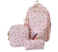 3-Piece Bowknot Backpack with Lunch Box Large Capacity Aesthetic School Bag, Pink, Se référer au descriptif, Refer to description