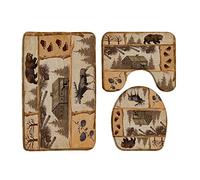 3 Piece Cabin Bear Deer Moose Bath Mat Sets Rustic Wild Animal Vintage Farmhouse Lodge Forest Hunting 17.8x29.5 Inches Bathroom Doormat Rugs,Toilet Seat Cover,U-Shaped Floor Mat