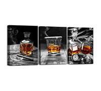 3 Piece Canvas Prints Cigar Wine Whisky Wall Art Liquor Still Life Wall Decor Vintage Black and White Backgaroud Paintings Artwork for Kitchen Bar Pub Western Decorations (12" x 16" x3PCS, Framed)