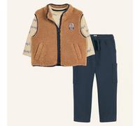 3-Piece Cardigan, T-Shirt and Trousers Outfit Navy Blue/Camel