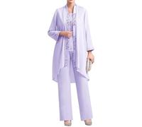3 Piece Chiffon Mother of The Bride Pant Suits Elegant Lace Applique Formal Evening Wedding Guest Outfit with Jacket Lavender