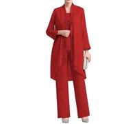 3 Piece Chiffon Mother of The Bride Pant Suits Elegant Lace Applique Formal Evening Wedding Guest Outfit with Jacket Red