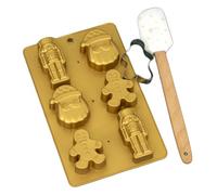 3-Piece Christmas Baking Set, Gold Silicone Mould with Nutcracker, Santa and Gingerbread Designs, Wooden Spatula, Metal Cookie Cutter, Non-Stick Holiday Treat Making Kit