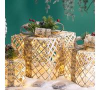 3 Piece Christmas Lighted Present Box Set With Plush Cover, Indoor Outdoor Decorative Boxes With Timer, For Holiday Tree Fireplace Staircase Display(Curry White)