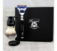3 Piece Classic Men's Shaving Set in Black Featuring Synthetic Brush & 5 Edge Razor