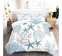 3 Piece Coastal Quilt Set, Ocean Shell Bedding Set with 2 Pillowcases, Lightweight Quilted Bedspread Coverlet with Sea Life Design, Summer Bed Cover for Kids Teens Adults Bedroom Decor