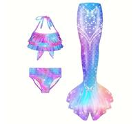 3-Piece Cosplay Set Bikinis Sets Princess Skirt for Girls Kids with Ocean Sparkle Fancy Dress Costumes, Children's Blanket Swimming Swimsuit, Aquatic Shiny Costume 4-13 Years