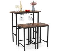 3 Piece Counter Height Table Set Oval Dining Table and 2 Stools COSTWAY Brown One Size
