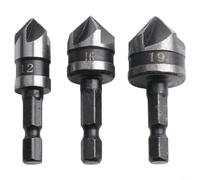 3-Piece Countersink Drill Bit Set, 90° Five-Blade Chamfer for Wood and Soft Metals, 12mm/16mm/19mm with 1/4" Hex & Round Shank(Hex)