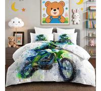 3-Piece Coverless Duvet 7.5 Tog Double with 2 Pillowcases, 200 x 200 cm Reversible White Quilt with Motocross Rider Racing Car, Extreme Sports Comforter Lightweight Breathable Duvet Set for Summer