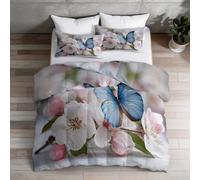 3-Piece Coverless Duvet Double with 2 Pillowcases, Multicolored Fresh Springtime Floral Animals Butterflies Reversible Duvet - 200 x 200 cm Bedding Set, Soft Comforter for Adults and Children