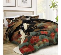 3-Piece Coverless Duvet Super King, Reversible Japanese Style White Crane Ancient Pavilion Down Comforter - Black Comforter with 2 Pillowcases - Warm Machine Washable Duvet for All Seasons 260x220cm