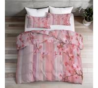 3-Piece Coverless Duvet Super King with 2 Pillowcases, Pink Romantic Springtime Pastel Floral Cherry Blossoms Reversible Duvet - 260 x 220 cm Bedding Set, Soft Comforter for Adults and Children