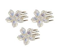3 Piece Crystal Flower Hair Claw Clips for Bangs Hold | Zinc Alloy Mini Clips, Golden Sparkle Finish, for Small Sections, Banquet Use and Face Washing
