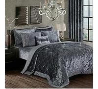 3-Piece Dark Grey Quilted Crushed Velvet Bedspread Double 250 x 250 cm - Hotel Quality Soft Plush Bed Throw for Bedroom - Santiago Embossed Diamond Bedding with 2 Pillow Shams