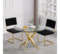 3 Piece Dining Table Set for Small Spaces - 36" Round Glass Table & 2 Black Teddy Chairs - Modern Kitchen & Dining Room Furniture for 2 - Stylish & Space Saving Design
