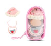 3-Piece Display Accessories Set for 10cm Collectible Figure, Clear Protective Case with Handcrafted Knit Hat and Crochet Bib (Figure Not Included) (Peach Pink)