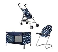 3-Piece Doll Nursery Playset, Foldable Stroller, Highchair & Cot for Pretend Play, Navy/Pink Polka Dot Design, Imaginative Role Play Toy for Kids Ages 3+, Fits Dolls Up to 45cm (Blue)