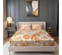 3 Piece Double Beige Fitted Sheet Set,Traditional Style Paisley Pattern Count Luxury Floral Print 30cm Deep Pocket Fitted Bedsheet with 2 Pillowcases - Soft Breathable Bedding Double