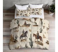 3-Piece Double Coverless Duvet Set with 2 Pillowcases, Retro Western Cowboy Desert Plant Cactus Soft All-Season Comforter, Lightweight Quilt 200 x 200 cm for Housewarming, Beige