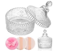 3 Piece Dusting Powder Container with Puff - Large Body Powder Puff and Container, Crystal Glass Powder Container with Puff Soft Velour Washable Reusable Face & Body Use (Clear Snowflake)