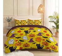 3 Piece Duvet Cover Art Deco 260 x 220 cmYellow | Halloween Pumpkin Ghost Duvet Set Ultrasoft Premium Brushed Microfiber Microfiber Fabric, Wrinkle Resistant