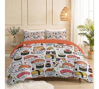 3 Piece Duvet Cover Modern Minimalist 230 x 220 cmWhite | Cat Sushi Heart Duvet Set Ultrasoft Premium Brushed Microfiber Microfiber Fabric, Wrinkle Resistant