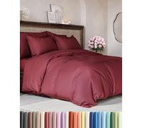 3 Piece Duvet Cover Set Double Bed Bed Burgundy, Brushed Microfibre 200x200cm with 2 Pillowcases 50x80cm, Zip Closure 8 Corner Ties, Easy Care Wrinkle Resistant Hypoallergenic Quilt Cover, OEKO-TEX