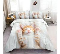 3 Piece Duvet Cover Set Single, 100% Polyester, Cute Cat Ginger Kitten Printed Design Duvet Cover, Soft Comforter Quilted Bedding with 2 Pillowcases, All Season Decor