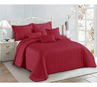 3 Piece Embossed Strip Bedspread Pom Pom Trim Edges Fancy Comforter with Pillow Sham (Red, Double)