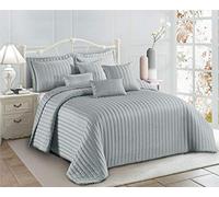 3 Piece Embossed Strip Bedspread Pom Pom Trim Edges Fancy Comforter with Pillow Sham (Silver, Super King)
